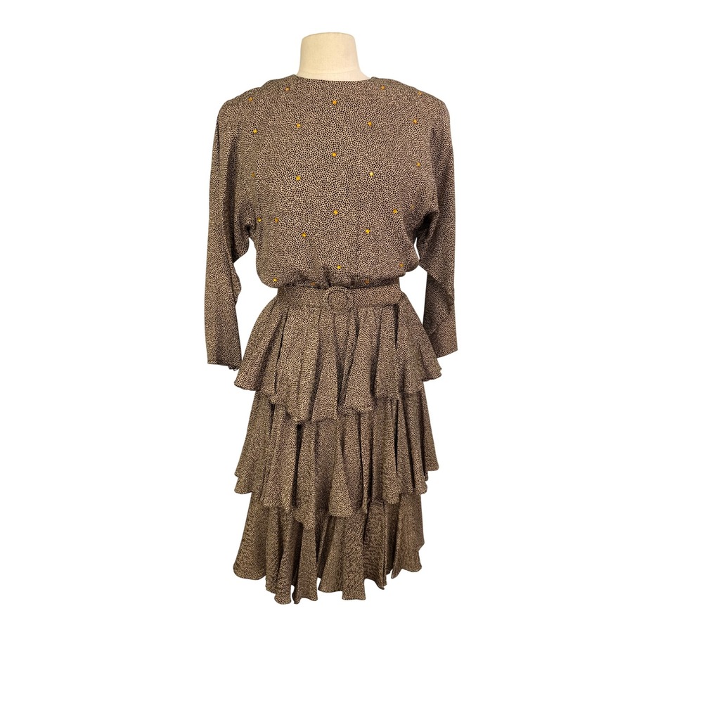 Raul Blanco Silk Leopard Print Ruffle Tiered Midi Dress Belted Size‎ 10